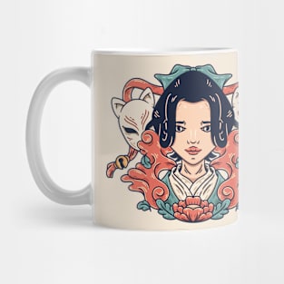 Sketch of Japanese Girl with Kitsune Masks Mug